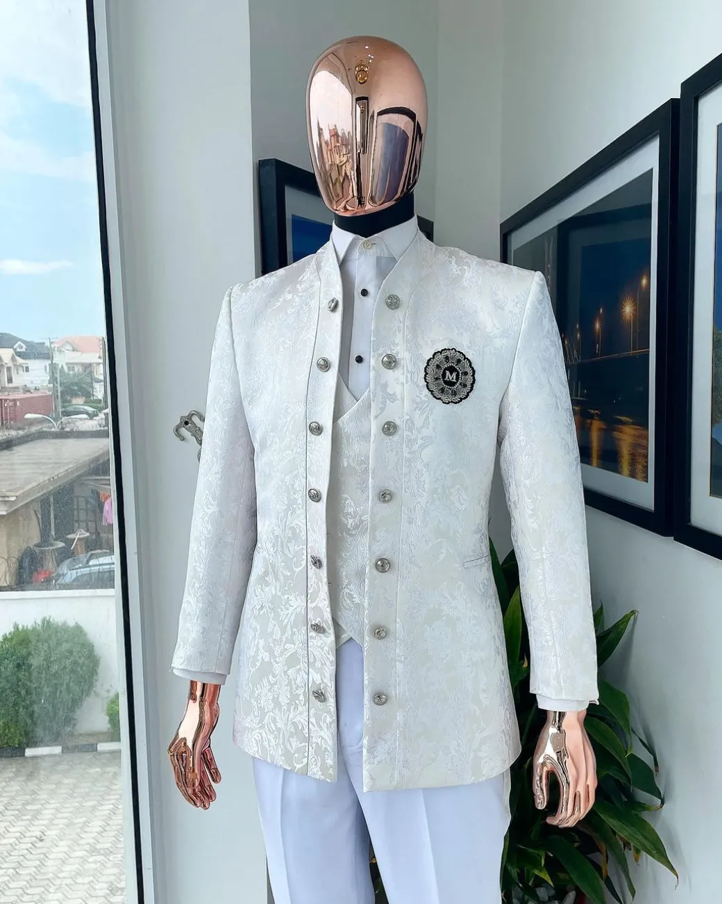 An Ivory white reloaded “stratosphere” dispersed pattern jacquard Suit.