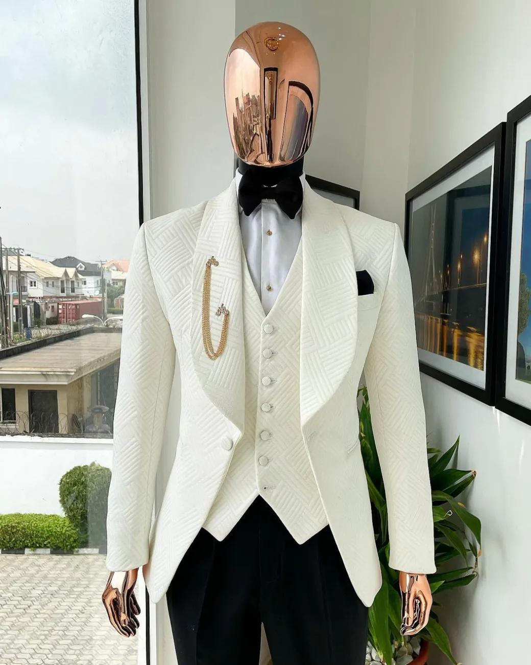 An Ivory White, Shawl Lapel “Maze” Line Intersection Japanese Patterned Jacquard Suit