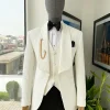 An Ivory White, Shawl Lapel, Plunged Square Patterned Jacquard Suit