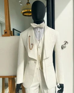 An Ivory White, Shawl Lapel, Plunged Square Patterned Jacquard Suit