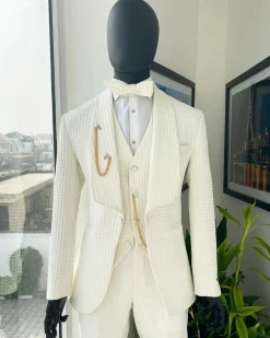 An Ivory White, Shawl Lapel, Plunged Square Patterned Jacquard Suit