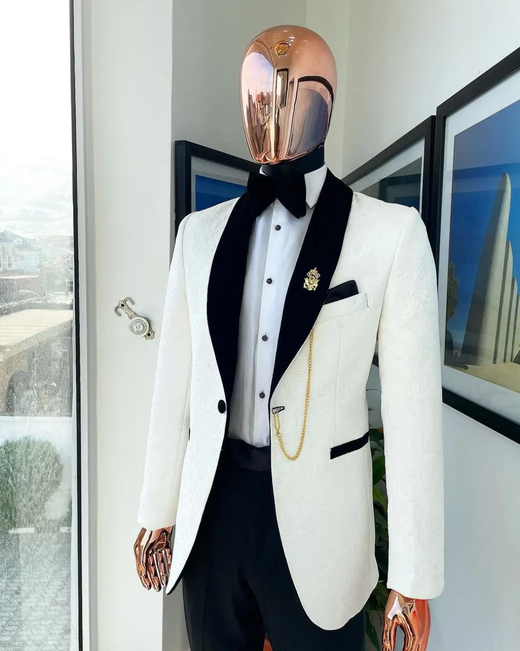 An Ivory white shawl lapel floral jacquard tuxedo suit