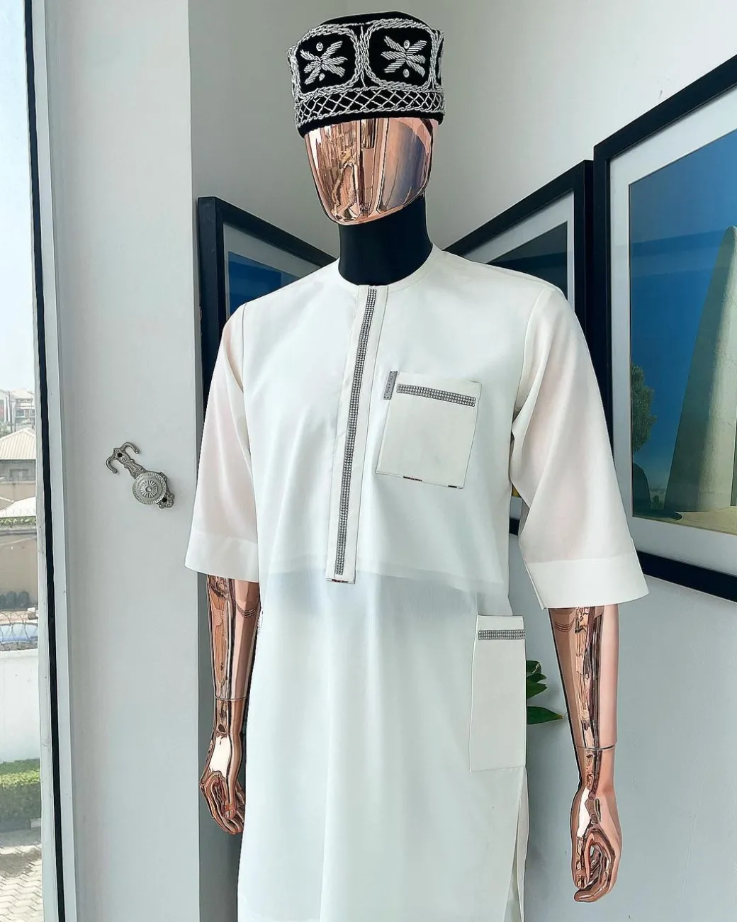 An Ivory white, Swarovski Clear Crystal Trim bling flap and pocket detailing, African traditional senator kaftan native.