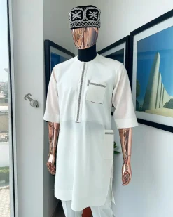 An Ivory white, Swarovski Clear Crystal Trim bling flap and pocket detailing, African traditional senator kaftan native.