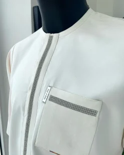 An Ivory white, Swarovski Clear Crystal Trim bling flap and pocket detailing, African traditional senator kaftan native.