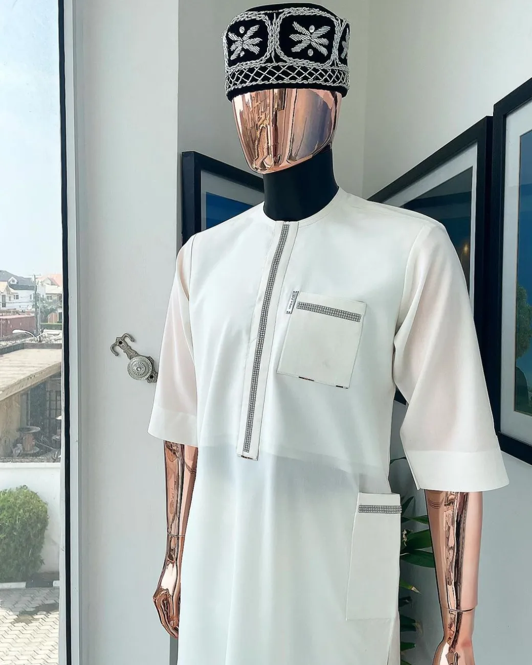 An Ivory white, Swarovski Clear Crystal Trim bling flap and pocket detailing, African traditional senator kaftan native.