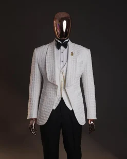 An Ivory white, swollen floral jacquard shawl lapel tuxedo suit