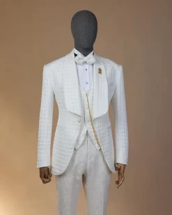 An Ivory white, swollen floral jacquard shawl lapel tuxedo suit.