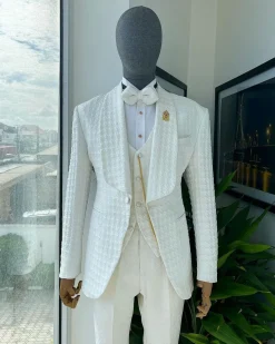 An Ivory white, swollen floral jacquard shawl lapel tuxedo suit.