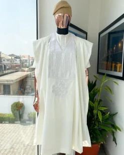 An Ivory white with connected zag and triangle embroidery Agbada