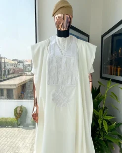 An Ivory white with connected zag and triangle embroidery Agbada