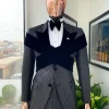 An “Octopus” black inverted square patterned metallic jacquard tuxedo with intersected black velvet peak lapel suit