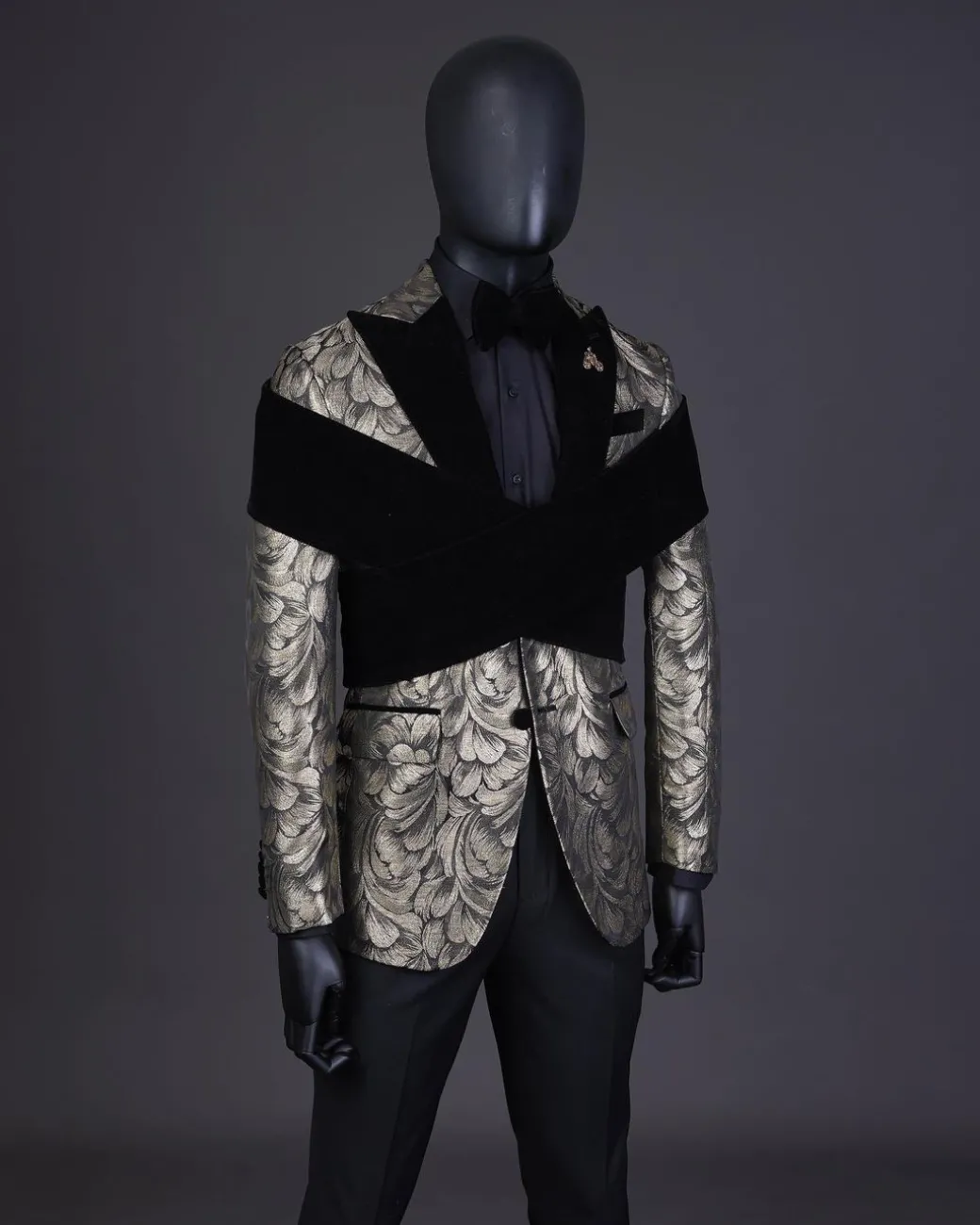 An “Octopus” Charcoal Black And Gold Splash, Peak Lapel Tuxedo Suit