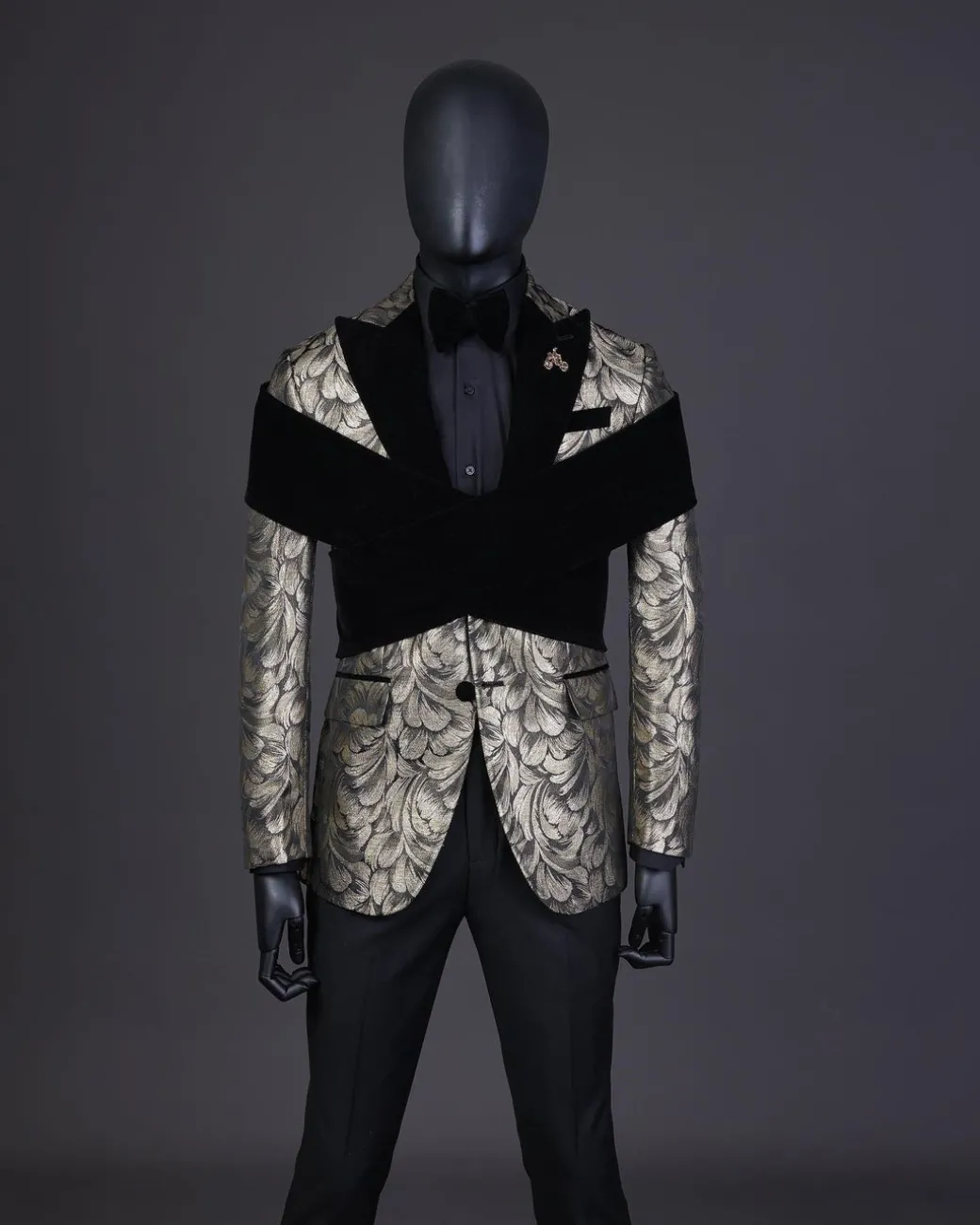 An “Octopus” Charcoal Black And Gold Splash, Peak Lapel Tuxedo Suit