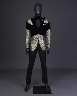 An “Octopus” Charcoal Black And Gold Splash, Peak Lapel Tuxedo Suit