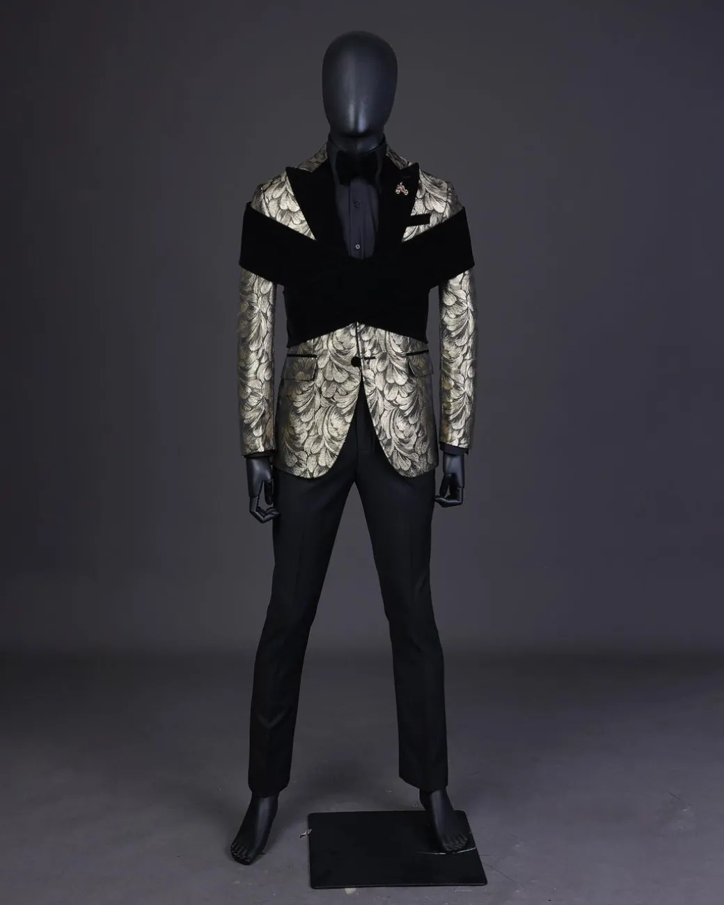 An “Octopus” Charcoal Black And Gold Splash, Peak Lapel Tuxedo Suit