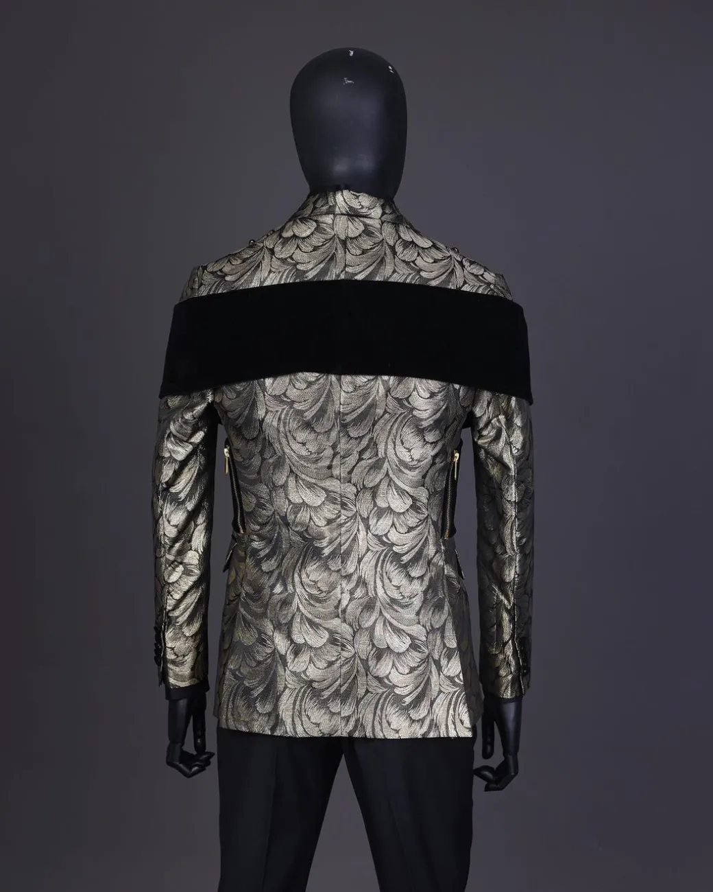An “Octopus” Charcoal Black And Gold Splash, Peak Lapel Tuxedo Suit