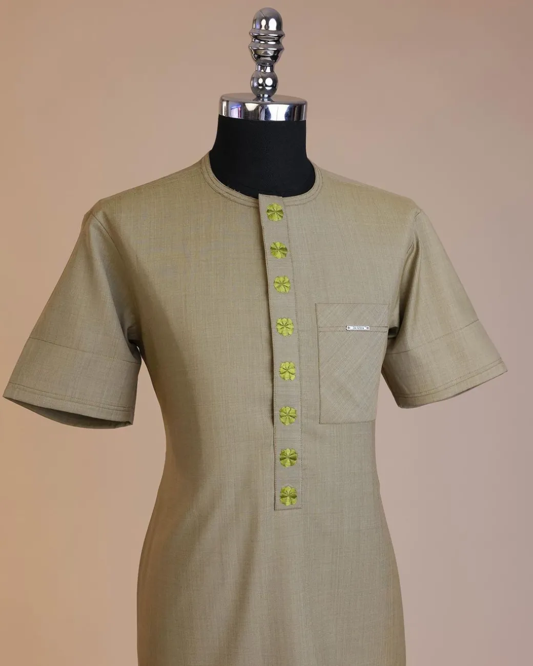 An Olive green, Circle pattern embroidery, 3/4 sleeve African senator kaftan native.