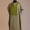 An Olive Green, Connected inverted cube -layered 3D embroidery design with splashed matching green ss30 Swarovski stone details agbada