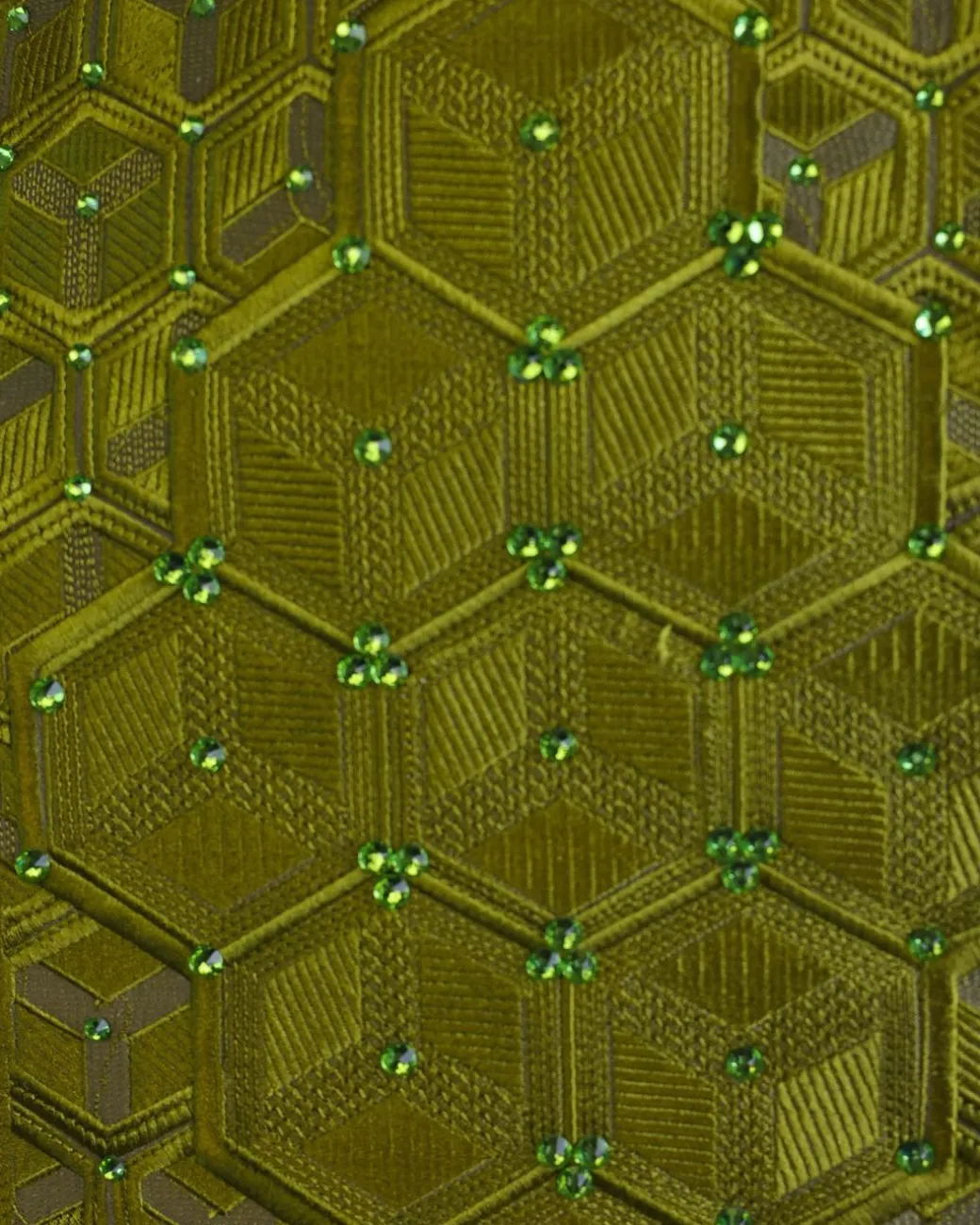 An Olive Green, Connected inverted cube -layered 3D embroidery design with splashed matching green ss30 Swarovski stone details agbada
