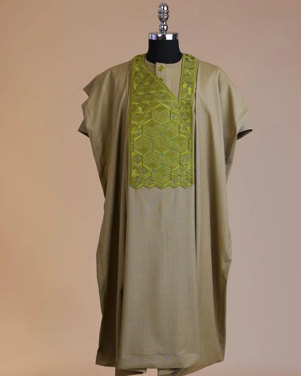 An Olive Green, Connected inverted cube -layered 3D embroidery design with splashed matching green ss30 Swarovski stone details agbada
