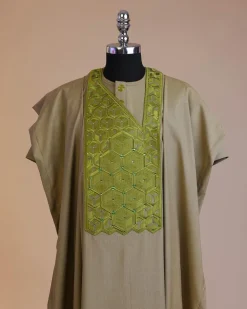 An Olive Green, Connected inverted cube -layered 3D embroidery design with splashed matching green ss30 Swarovski stone details agbada