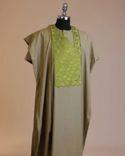 An Olive Green, Connected inverted cube -layered 3D embroidery design with splashed matching green ss30 Swarovski stone details agbada