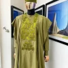 An Olive Green, Geometrical Embroidery Details Agbada