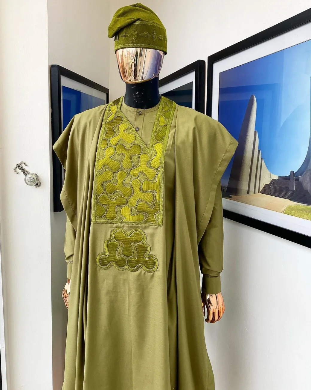 An Olive Green, Geometrical Embroidery Details Agbada