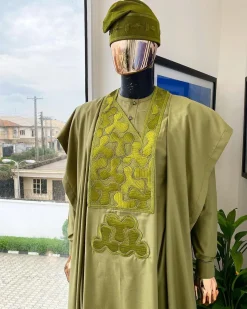 An Olive Green, Geometrical Embroidery Details Agbada