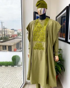 An Olive Green, Geometrical Embroidery Details Agbada