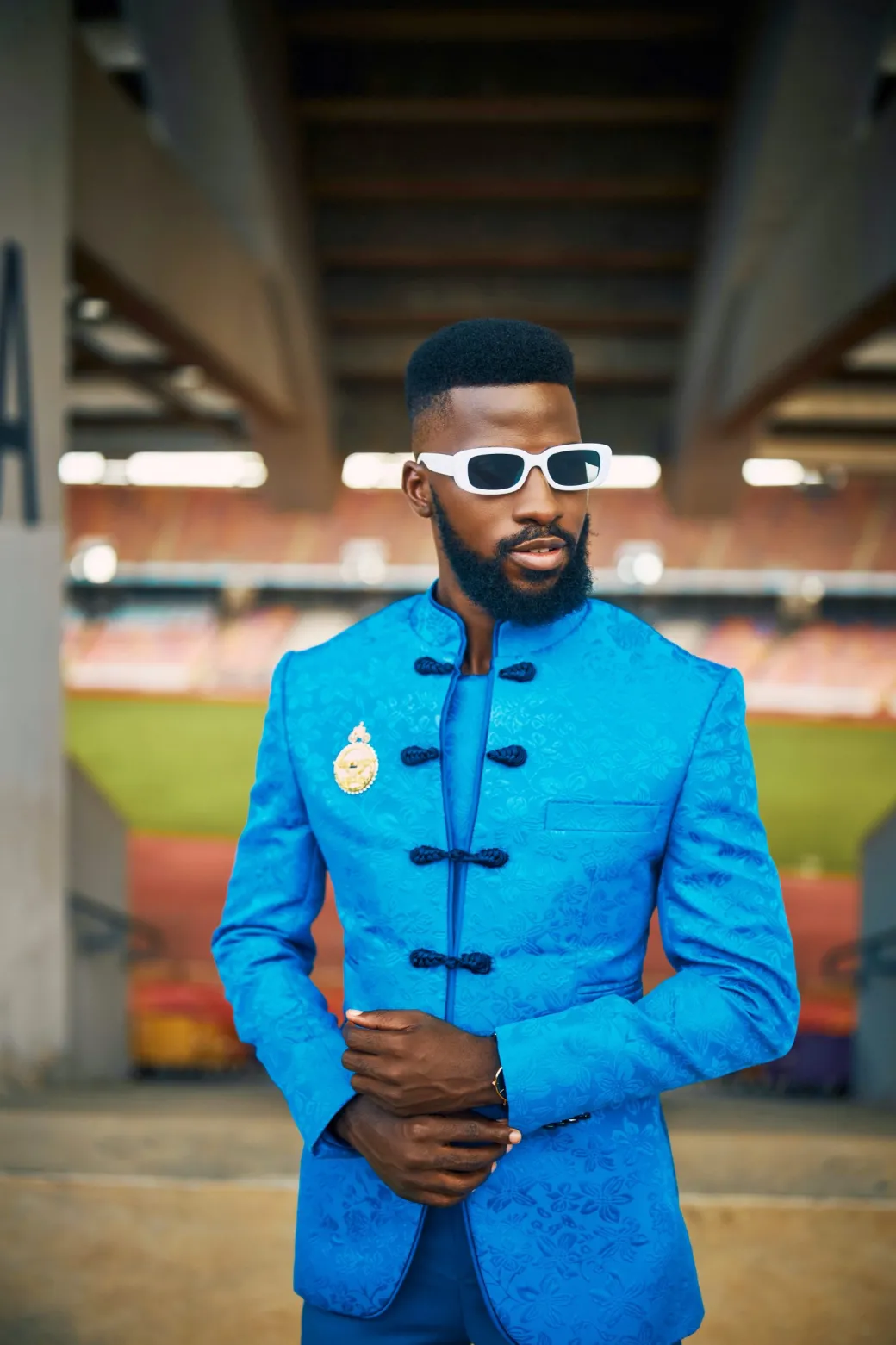 An Olympic blue mandarin floral safari suit