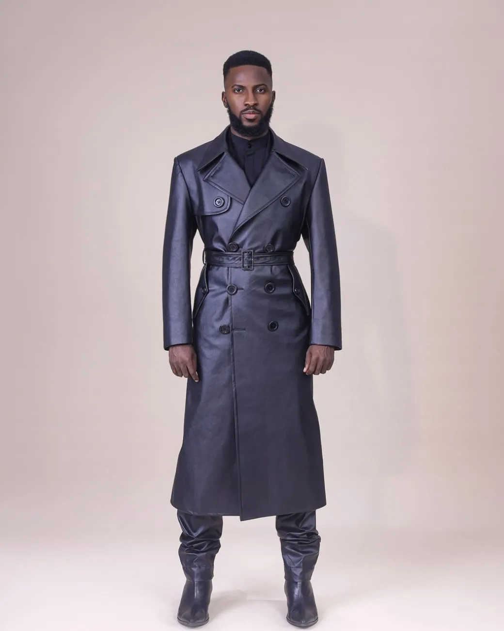 An oversized “Ghost Rider” leather, Charcoal black, double breasted trench bikers jacket