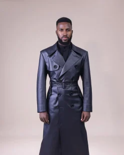 An oversized “Ghost Rider” leather, Charcoal black, double breasted trench bikers jacket