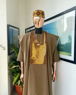 An tortilla Brown, Night walker embroidery details agbada, mixed Swarovski buttons on 3/4 sleeve kaftan & sokoto
