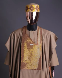 An tortilla Brown, Night walker embroidery details agbada, mixed Swarovski buttons on 3/4 sleeve kaftan & sokoto