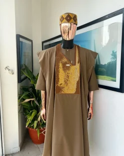 An tortilla Brown, Night walker embroidery details agbada, mixed Swarovski buttons on 3/4 sleeve kaftan & sokoto