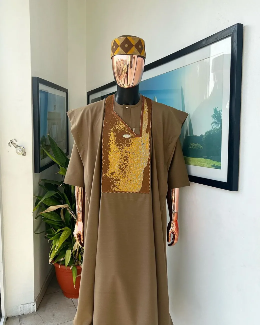 An tortilla Brown, Night walker embroidery details agbada, mixed Swarovski buttons on 3/4 sleeve kaftan & sokoto