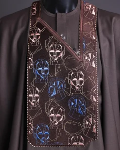 An Umber Brown, AI connected iron-man maze embroidery details agbada, mixed Swarovski buttons on 3/4 sleeve kaftan & sokoto