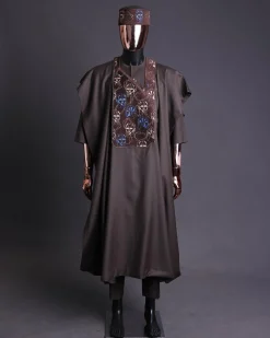 An Umber Brown, AI connected iron-man maze embroidery details agbada, mixed Swarovski buttons on 3/4 sleeve kaftan & sokoto