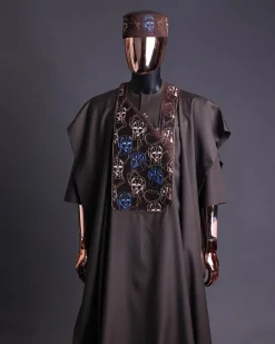 An Umber Brown, AI connected iron-man maze embroidery details agbada, mixed Swarovski buttons on 3/4 sleeve kaftan & sokoto
