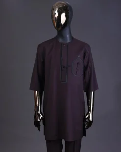 An Umber brown, connected flap and combat pocket with black lines, black Swarovski button detailing kaftan and Sokoto