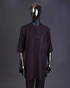 An Umber brown, connected flap and combat pocket with black lines, black Swarovski button detailing kaftan and Sokoto
