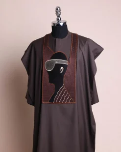 An Umber Brown, virtual reality (meta quest) user embroidery details agbada, 3/4 sleeve kaftan & sokoto