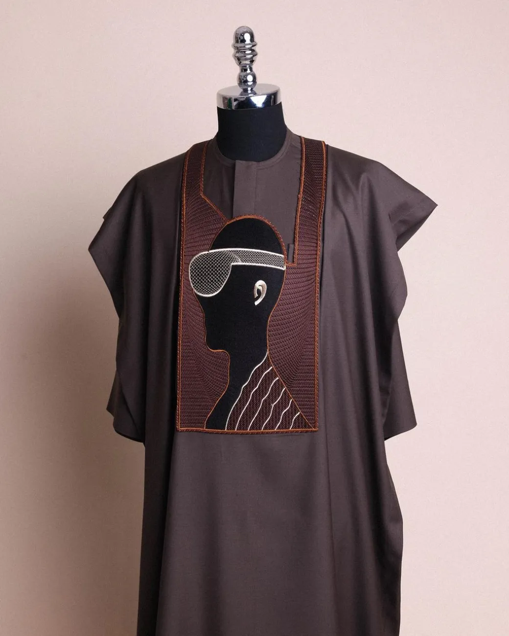 An Umber Brown, virtual reality (meta quest) user embroidery details agbada, 3/4 sleeve kaftan & sokoto