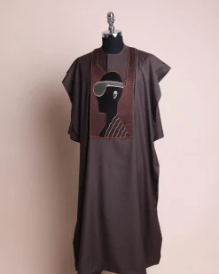 An Umber Brown, virtual reality (meta quest) user embroidery details agbada, 3/4 sleeve kaftan & sokoto
