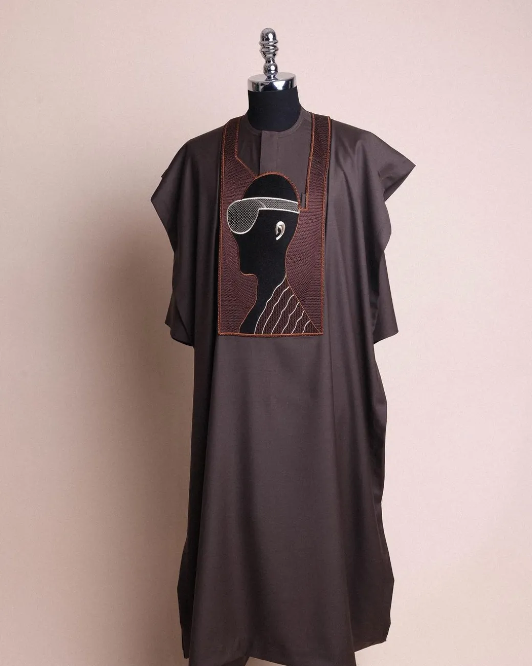 An Umber Brown, virtual reality (meta quest) user embroidery details agbada, 3/4 sleeve kaftan & sokoto