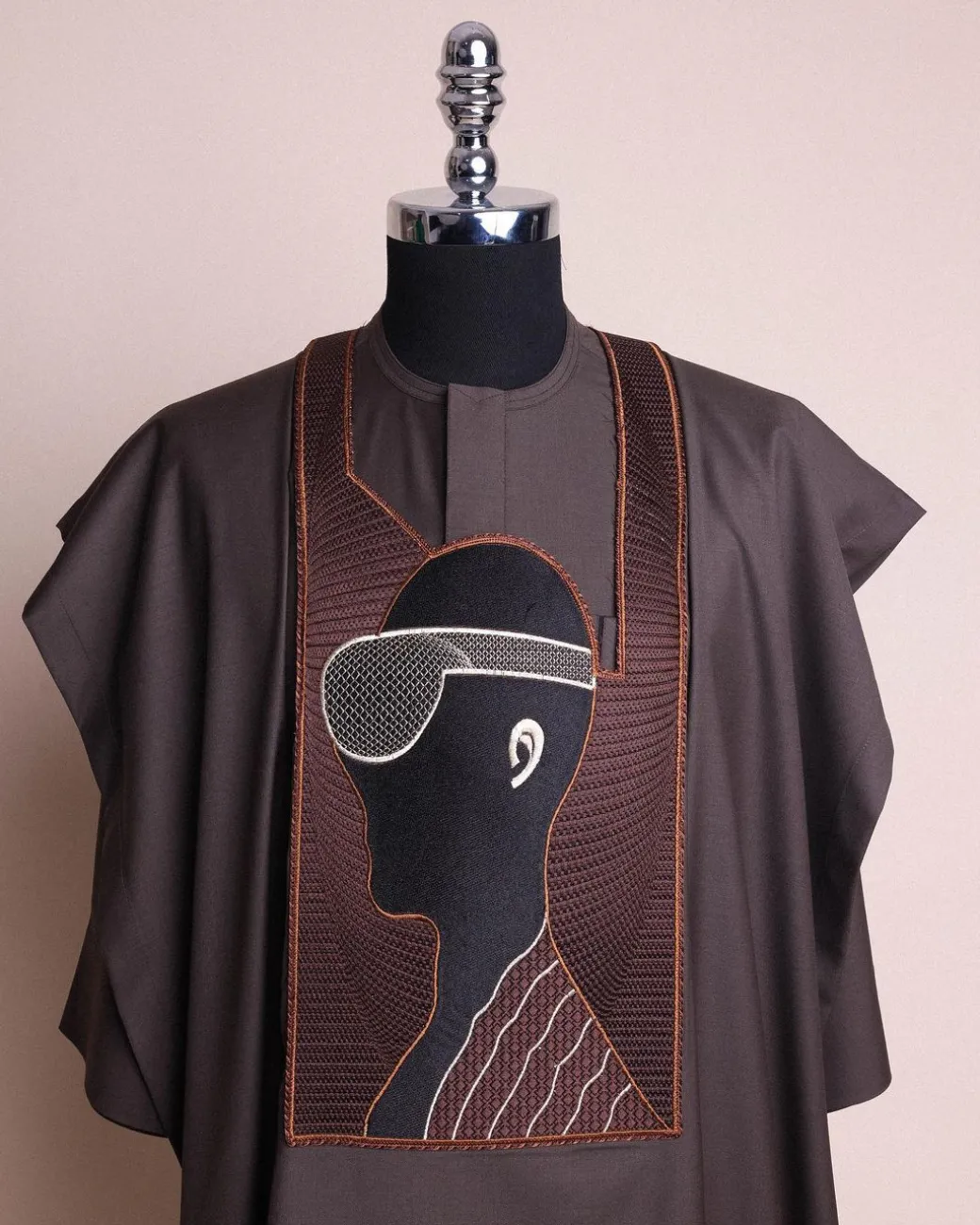 An Umber Brown, virtual reality (meta quest) user embroidery details agbada, 3/4 sleeve kaftan & sokoto