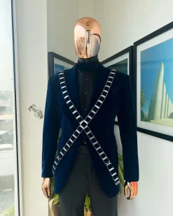 An “X” Midnight Blue, soaked velvet fabric, knitted, wide peak lapel tuxedo suit