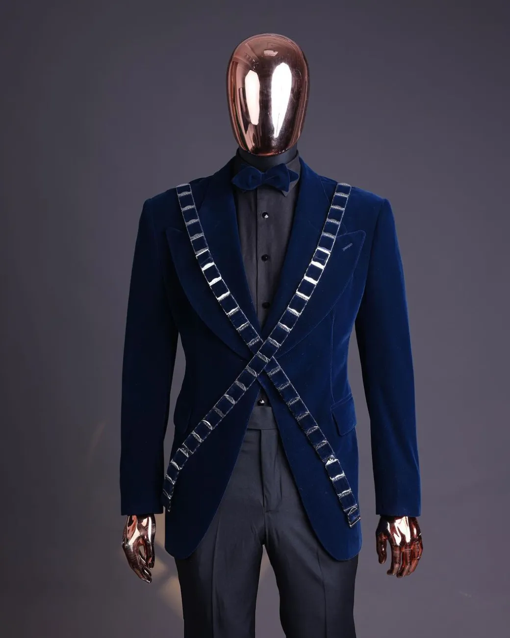 An “X” Midnight Blue, soaked velvet fabric, knitted, wide peak lapel tuxedo suit
